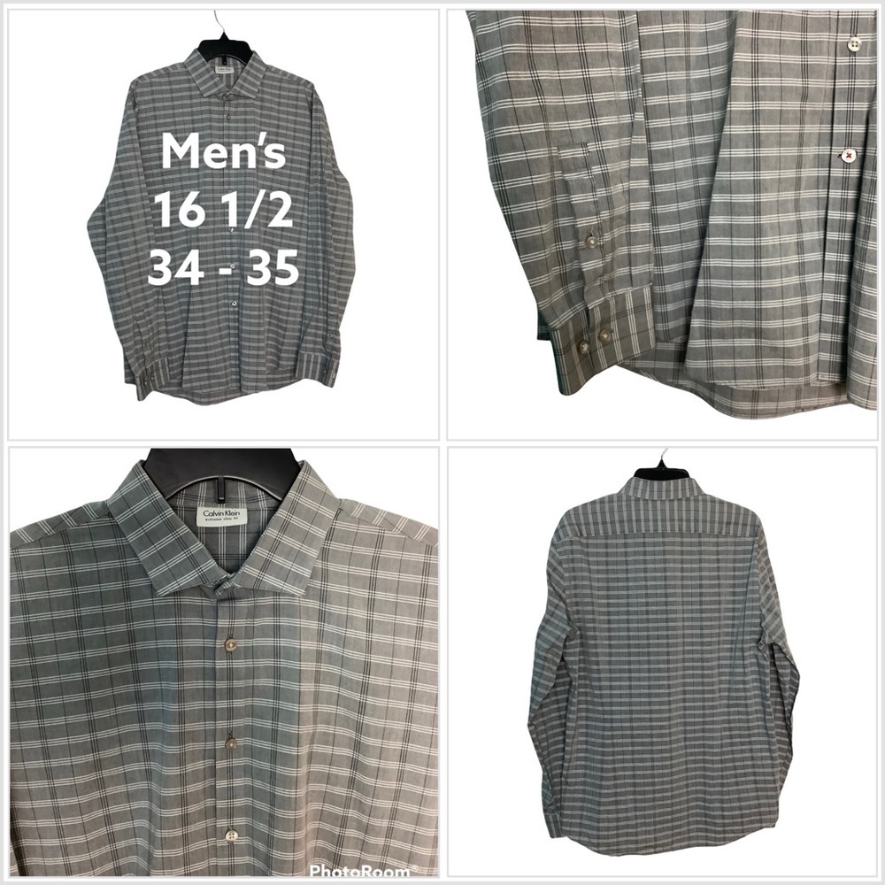 Calvin Klein L Large 16 1/2 Button Front Shirt Plaid Long Sleeve 34 35 Gray NWOT